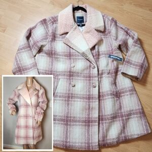 NWT Modcloth Wool Blend Pink Plaid Double Breasted Pea Coat Size 2X